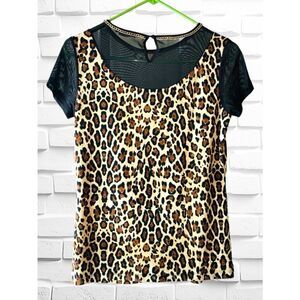 Peter Nygård Womens Petite Small Leopard Print & Black Sheer Blouse w/Gold Chain